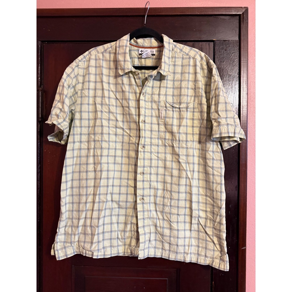 Columbia Mens Large Yellow Blue Plaid Short Sleeve Cotton Ripstop Button Down